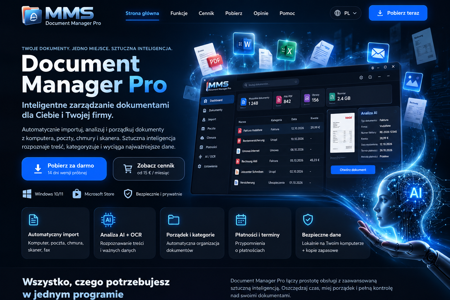 Wizualizacja strony Document Manager Pro z motywem sztucznej inteligencji
